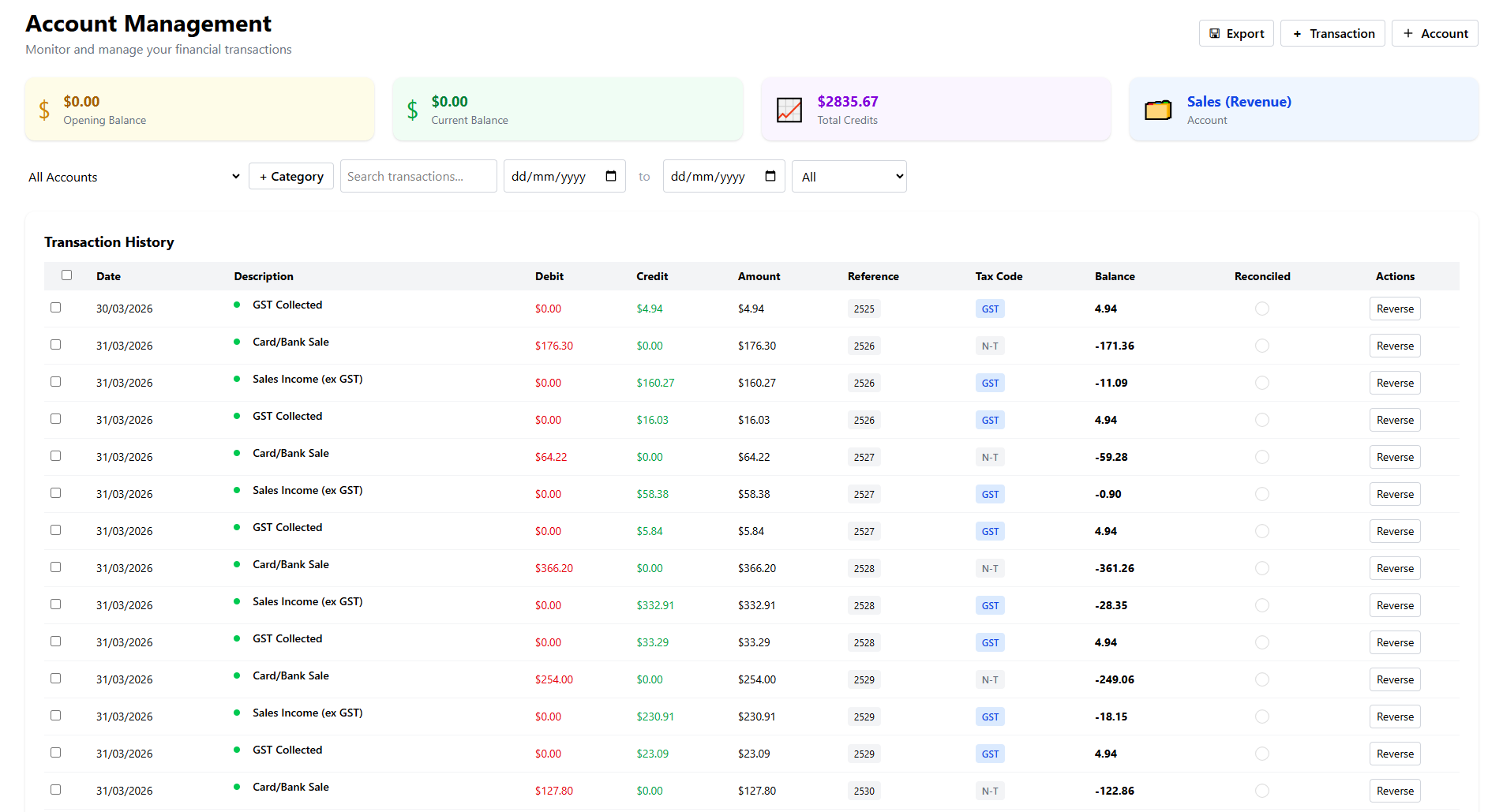 Financial Statements, Cash Flow, Ledger, GST, and Profitability screenshot