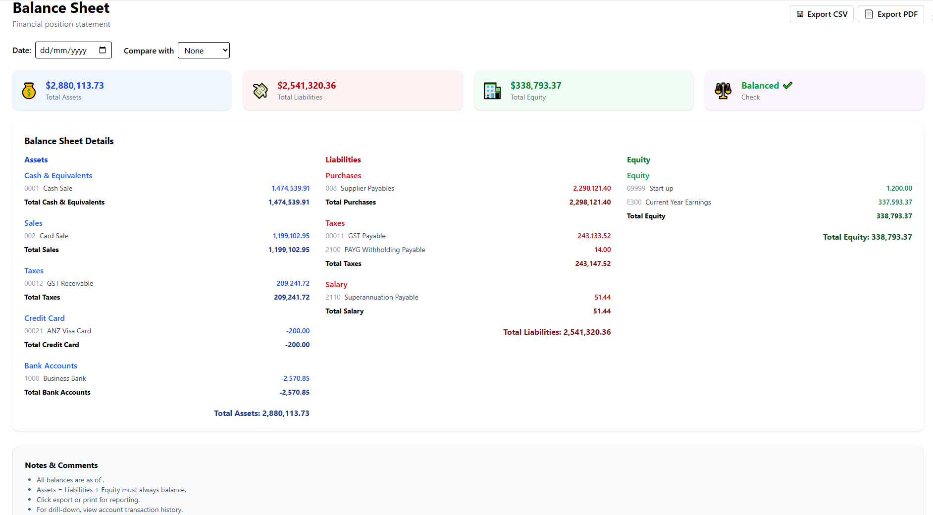 Financial Statements, Cash Flow, Ledger, GST, and Profitability screenshot