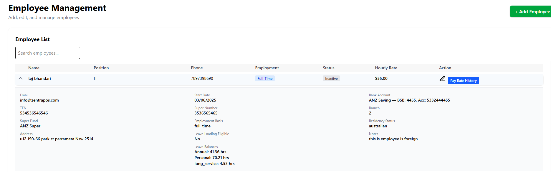 Employee Management, Rosters, Timesheets, Payroll Year, PAYG, and Payslips screenshot