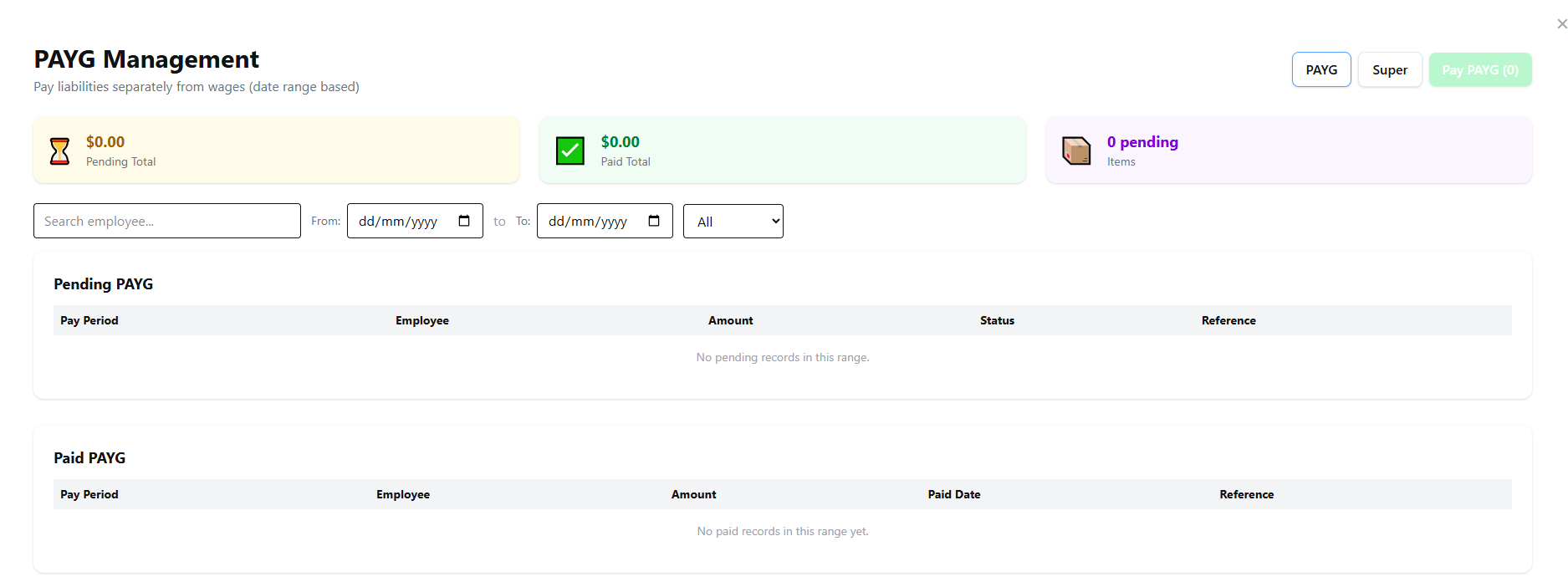 Employee Management, Rosters, Timesheets, Payroll Year, PAYG, and Payslips screenshot