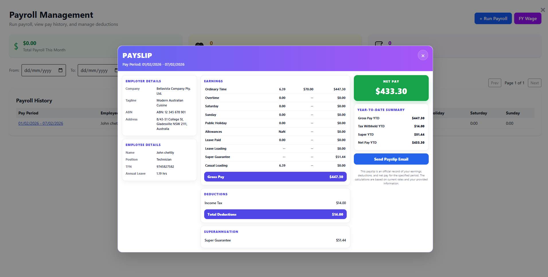 Employee Management, Rosters, Timesheets, Payroll Year, PAYG, and Payslips screenshot