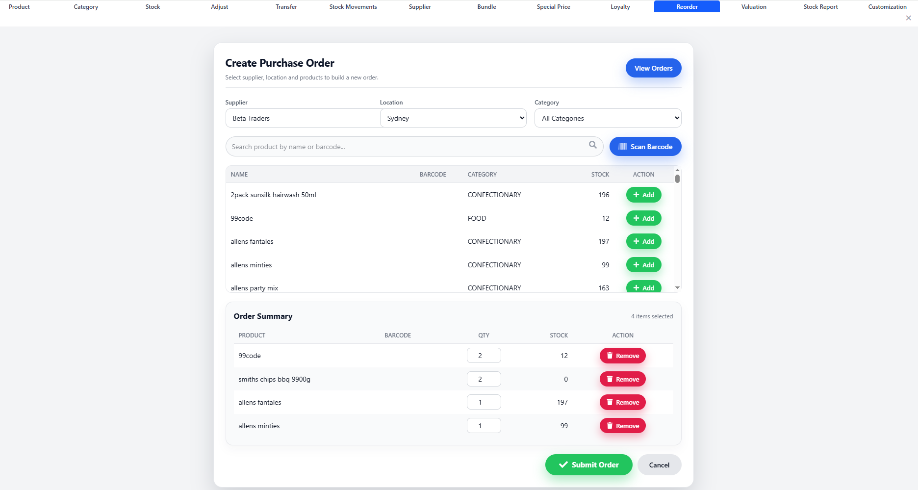 Purchase Orders, Suppliers, Supplier Payments, and Store Locations screenshot