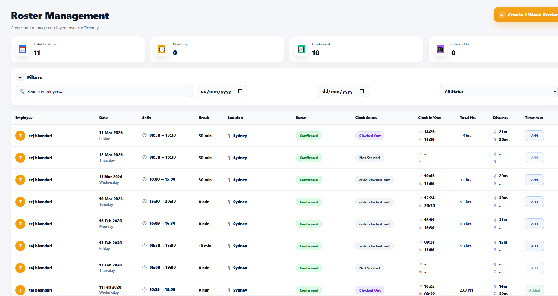 Employee Management, Rosters, Timesheets, Payroll Year, PAYG, and Payslips screenshot