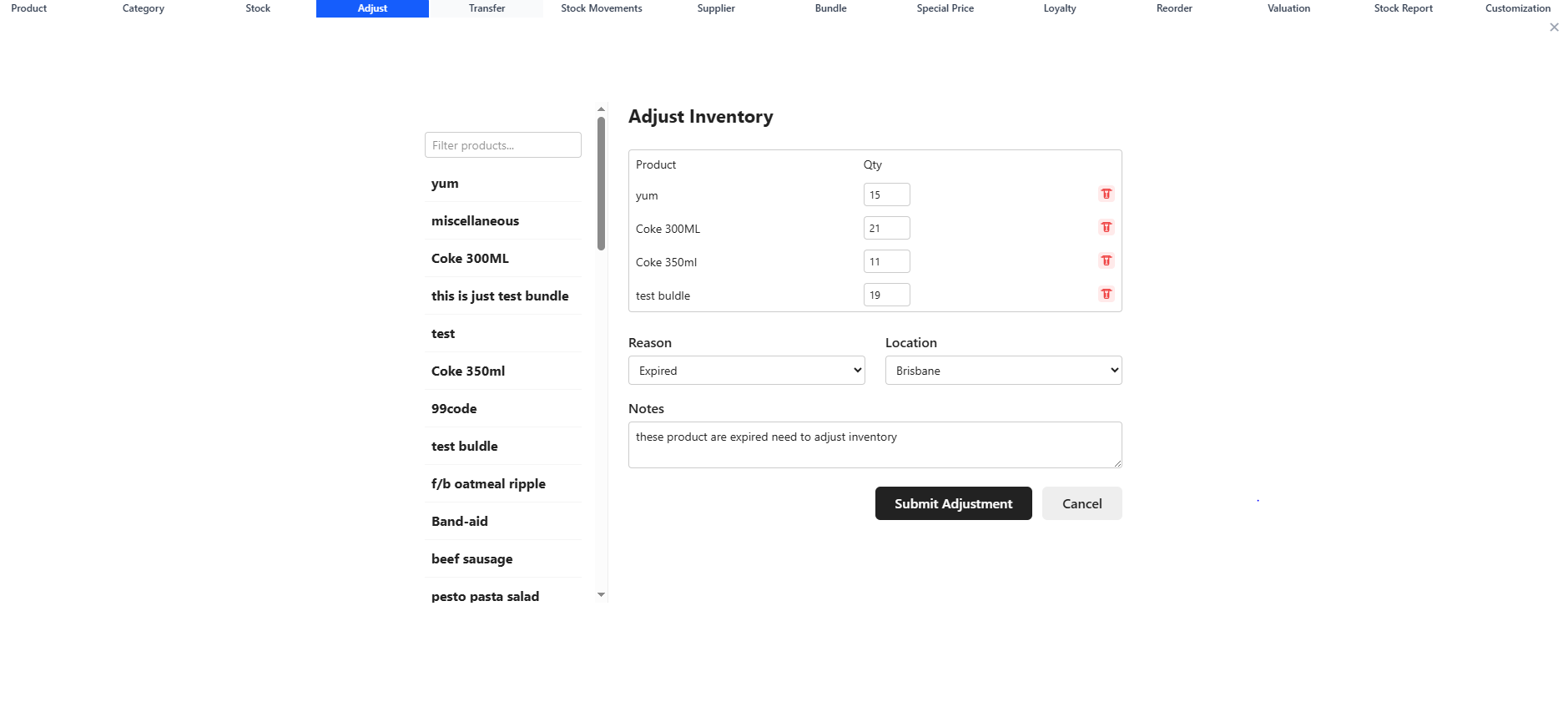 Inventory Master, Stock Levels, Adjustments, Movements, Transfers, and Value screenshot