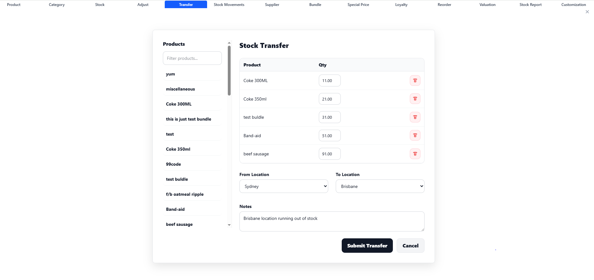 Inventory Master, Stock Levels, Adjustments, Movements, Transfers, and Value screenshot