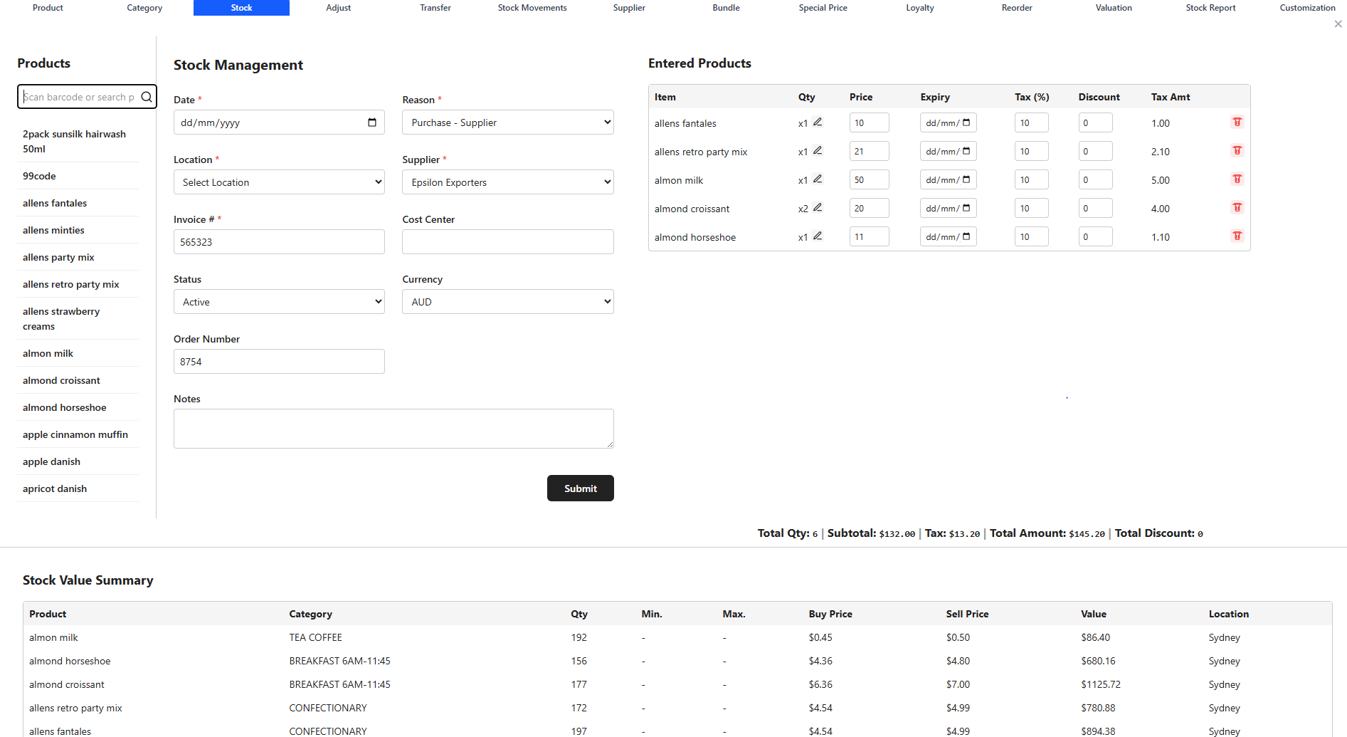 Inventory Master, Stock Levels, Adjustments, Movements, Transfers, and Value screenshot