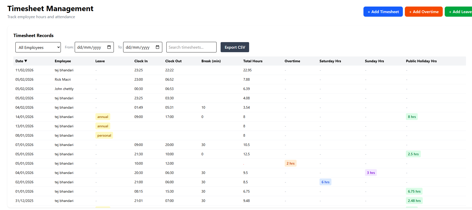 Employee Management, Rosters, Timesheets, Payroll Year, PAYG, and Payslips screenshot