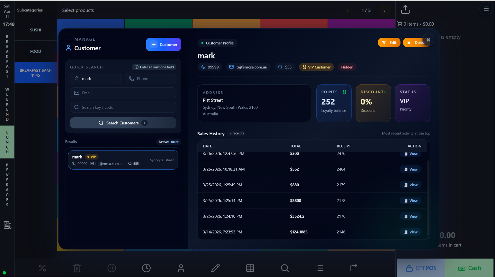 Customer Assignment, Customer Profile, Held Carts, and Kitchen Priority screenshot