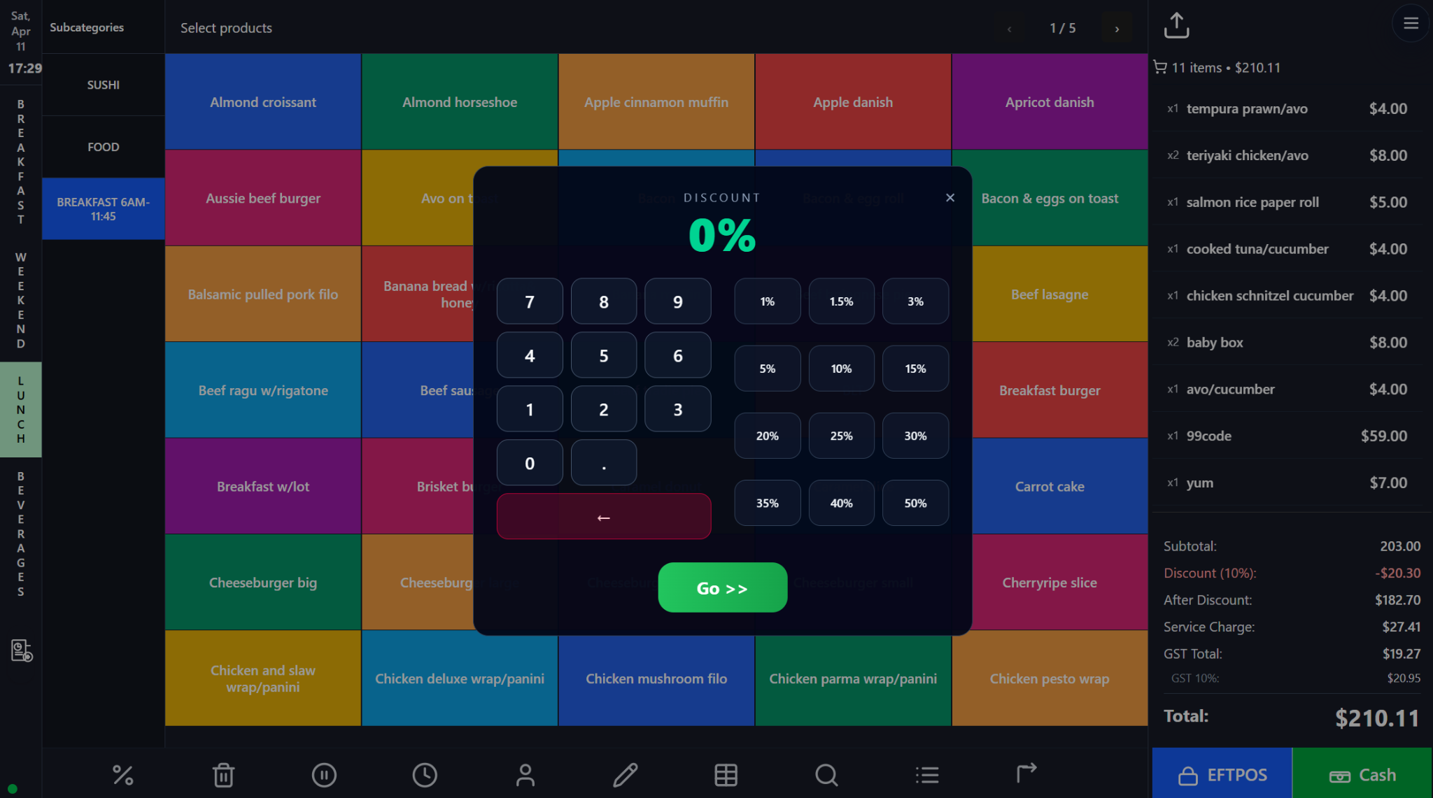 Product Search, Cart Editing, Customization, Service Charge, Discounts, and Happy Hours screenshot