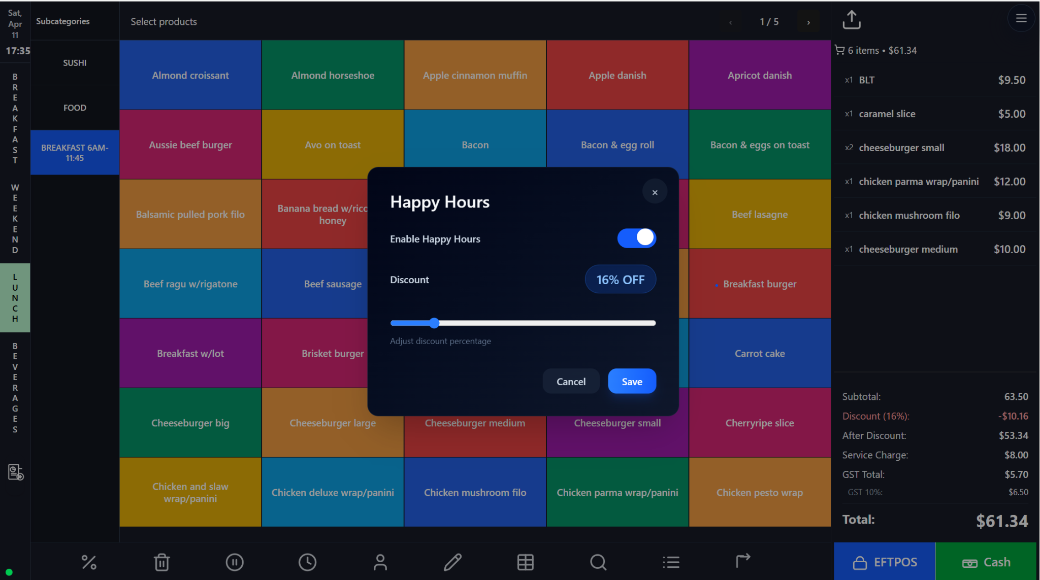 Product Search, Cart Editing, Customization, Service Charge, Discounts, and Happy Hours screenshot