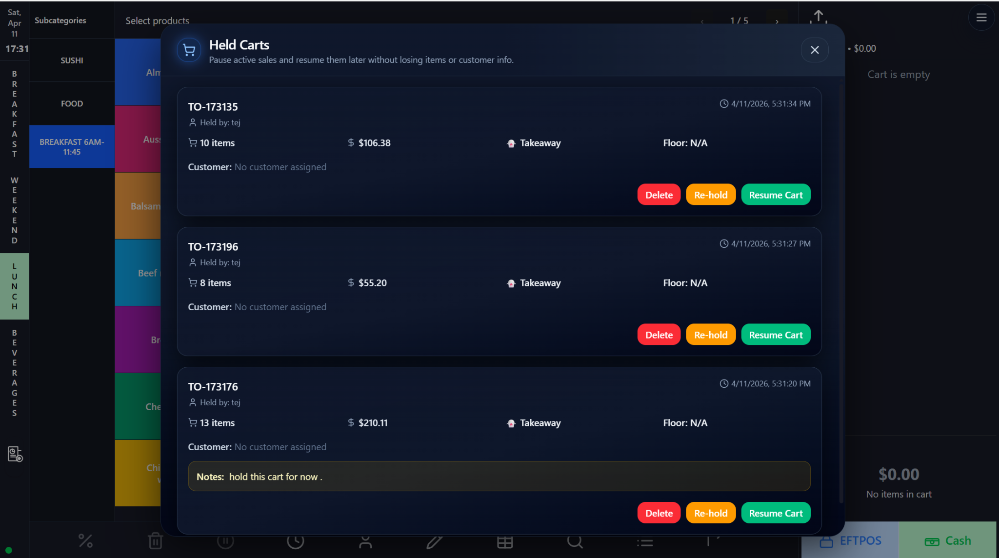 Customer Assignment, Customer Profile, Held Carts, and Kitchen Priority screenshot