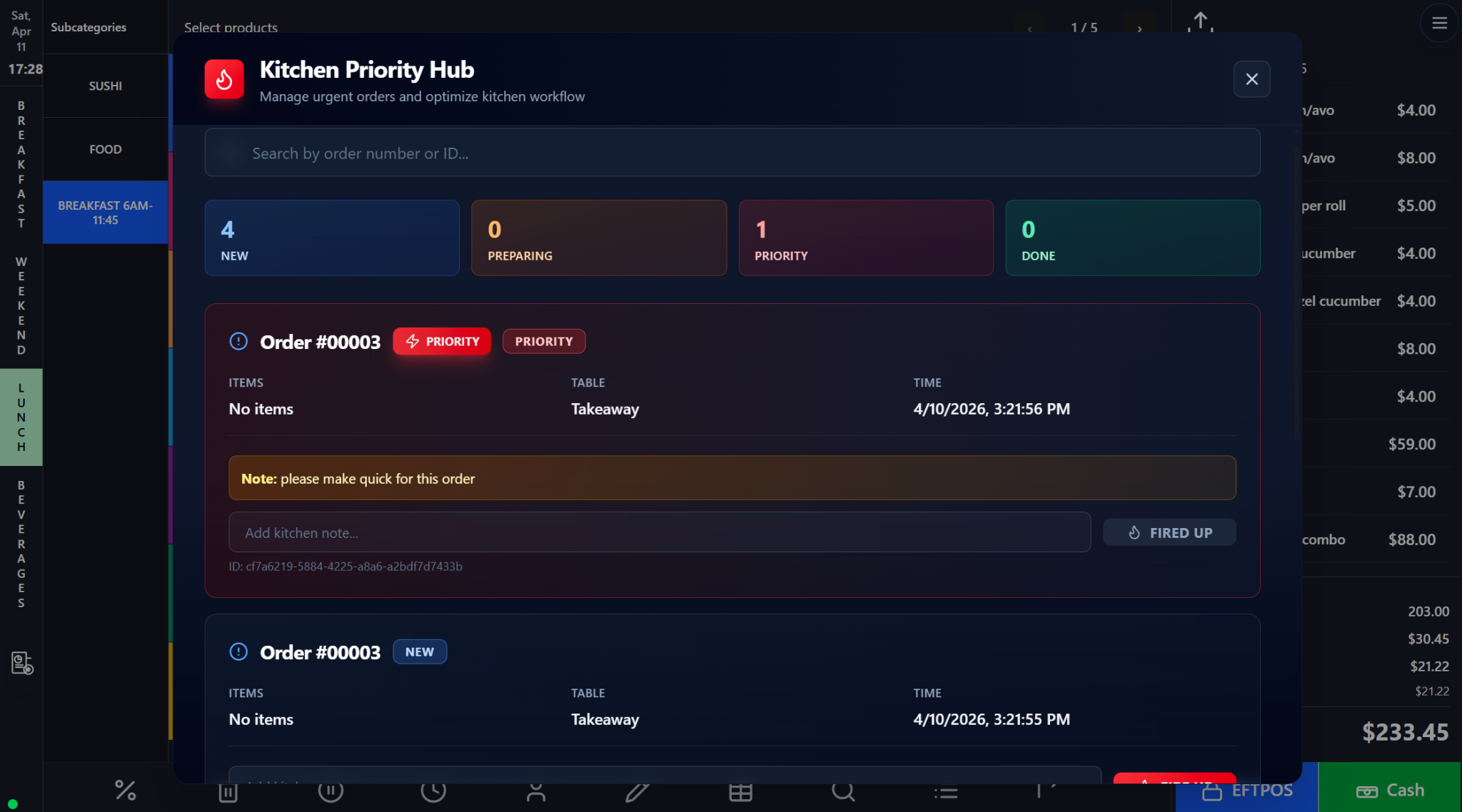 Customer Assignment, Customer Profile, Held Carts, and Kitchen Priority screenshot
