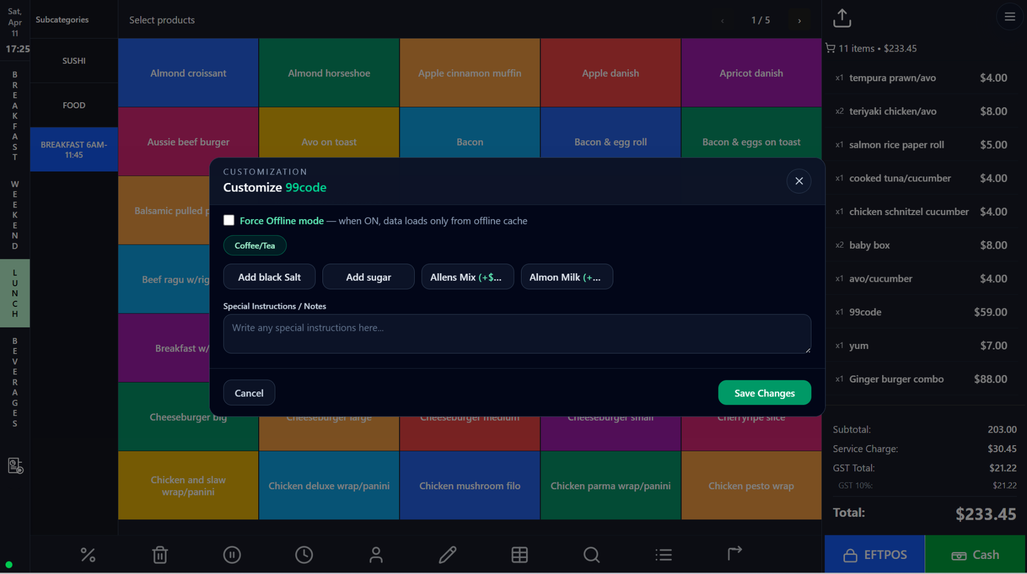 Product Search, Cart Editing, Customization, Service Charge, Discounts, and Happy Hours screenshot