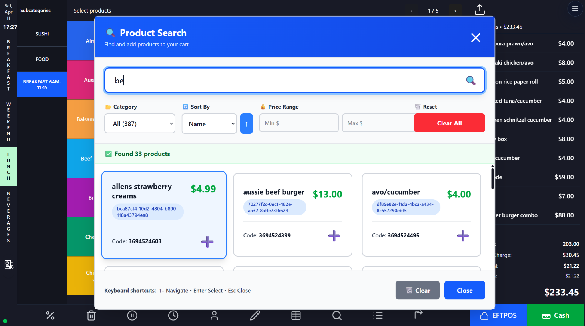 Product Search, Cart Editing, Customization, Service Charge, Discounts, and Happy Hours screenshot