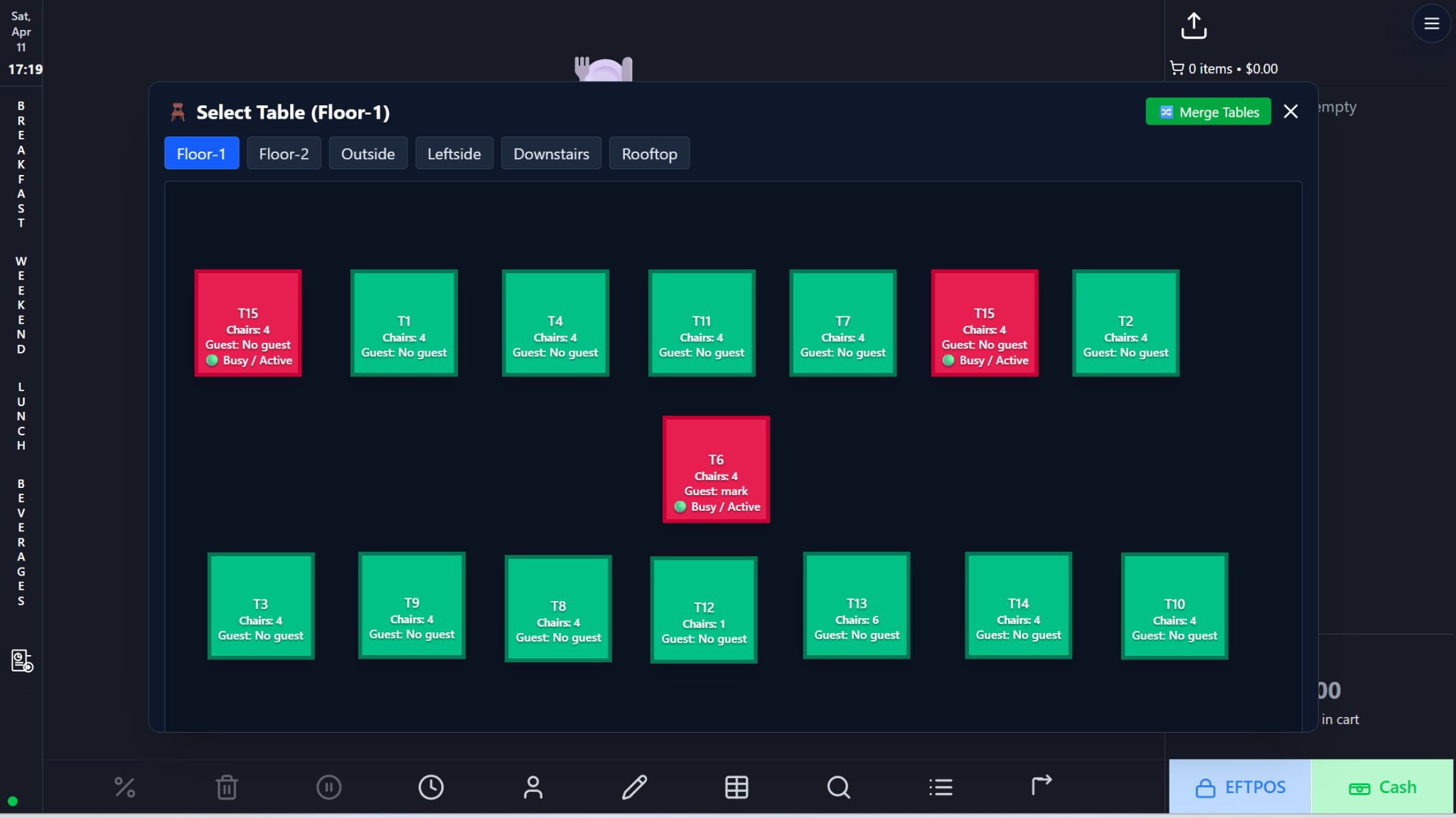Tables, Merged Tables, Reservations, and Online Table Booking screenshot