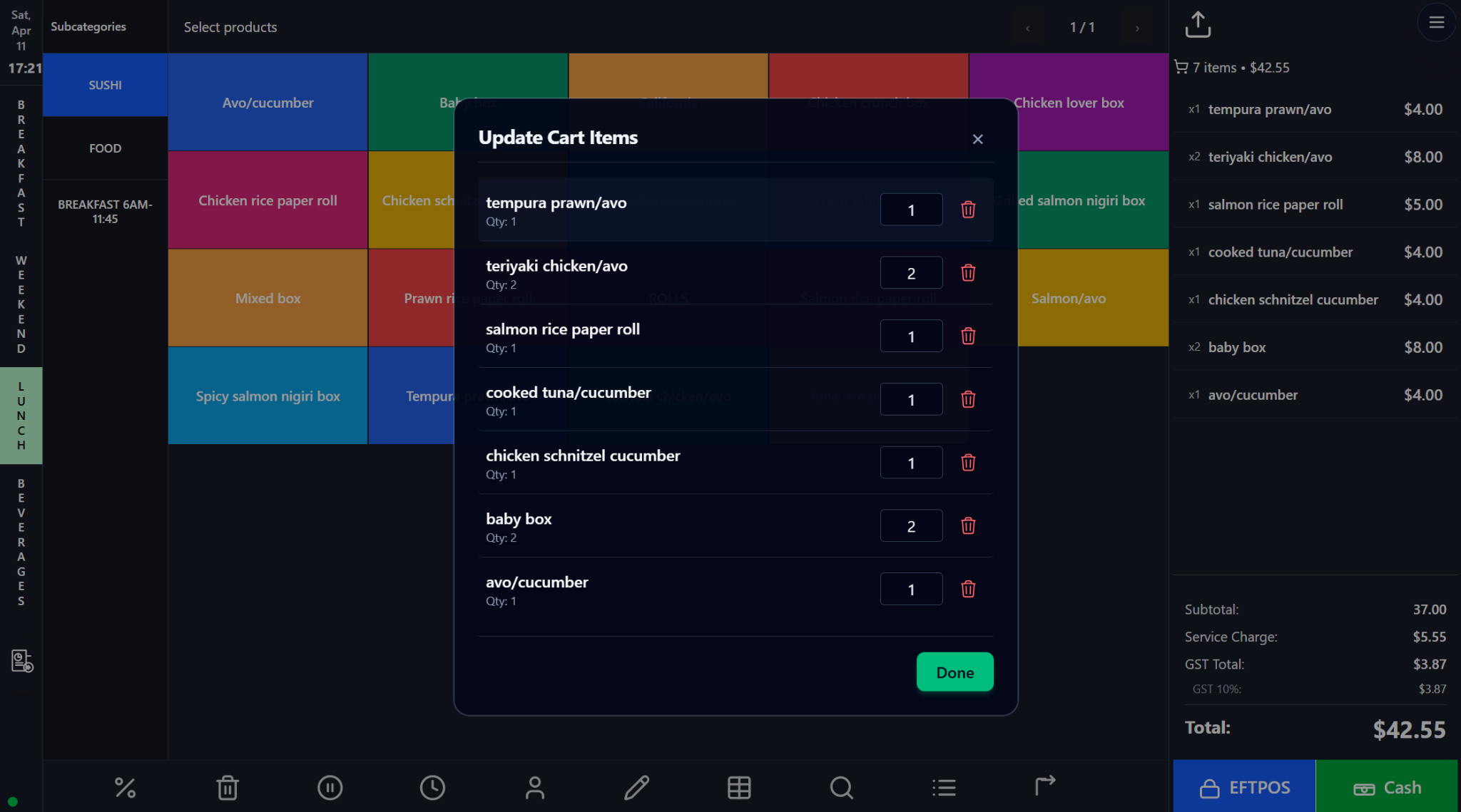 Product Search, Cart Editing, Customization, Service Charge, Discounts, and Happy Hours screenshot