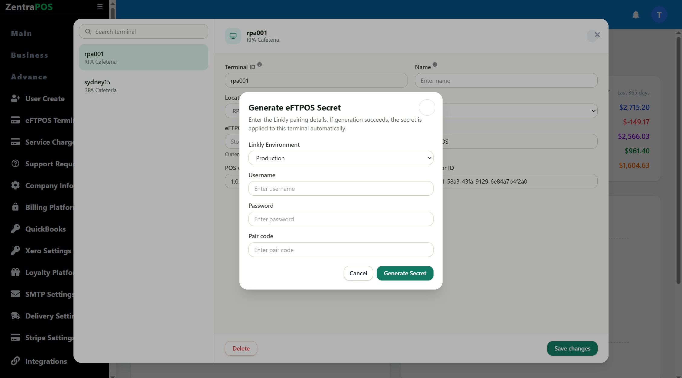 Linkly cloud pairing dialog showing environment, username, password, pair code, and Generate Secret button